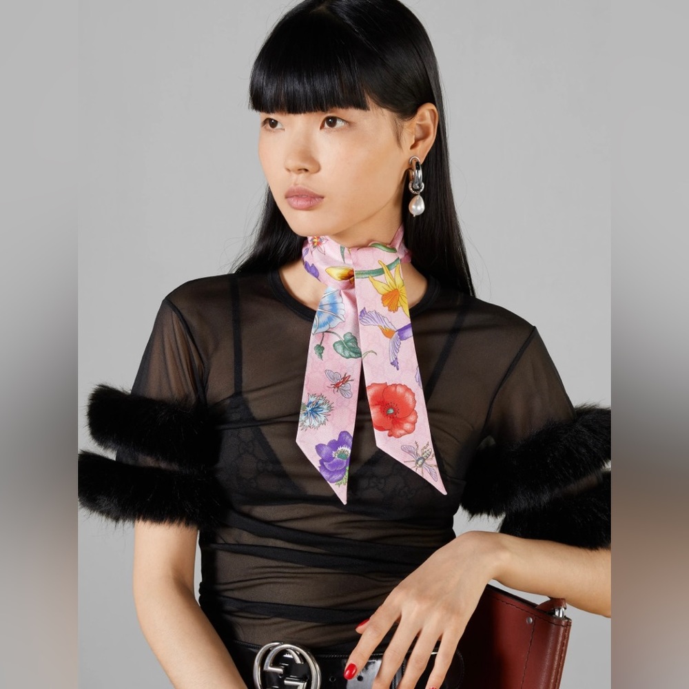 Gucci FLORA PRINT SILK TWILL NECK BOW